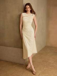 MOTF PREMIUM 女士亮片蕾丝极简优雅无袖收腰连衣裙 - 杏色 - 查看 4