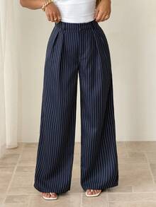 SHEIN PETITE Quần tây nữ kiểu dáng tối giản hiện đại màu xanh navy kẻ sọc, quần cạp cao, quần xanh dương, quần kẻ sọc, quần ống rộng dáng suông, quần thường ngày, quần công sở, phù hợp cho các buổi đi chơi, công sở, đi làm, đi làm hàng ngày, các dịp trang trọng. Quần kẻ sọc, quần xanh navy, quần nữ xếp ly. - Màu xanh lam - Xem 10