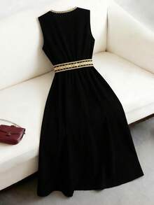 Elenzga 大码撞色方领宽肩带腰身优雅夏季连衣裙 - 黑色 - 查看 2