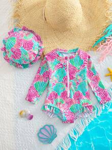 SHEIN Newborn Baby Beach Vacation Style Bow Striped Print Half Zip Front Ruffle Hem One-Piece Swimsuit With Swim Cap - Blue - View 2