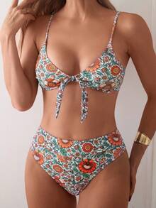 SHEIN Swim Summer Beach Women Vacation Floral Printed Front Knot Simple Fashionable Bikini Set Floral Pattern Random - Multicolor - View 4