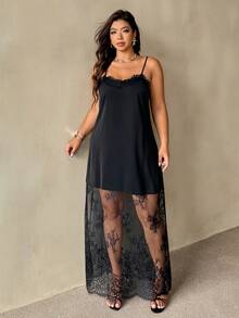 Auralis 大码纯色蕾丝拼接薄纱优雅吊带裙 - 黑色 - 查看 6