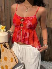 INAWLY Women's Summer Vacation Floral Print Ruffle Hem Camisole Top - Orange - View 3