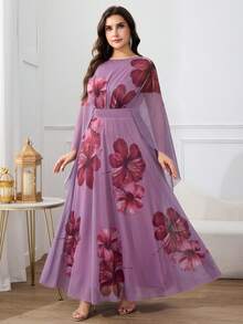 Modelyn 大码优雅印花披肩袖连衣裙，适合派对穿着 - 彩色 - 查看 4