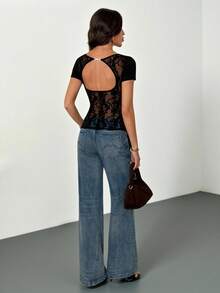 SHEIN Tall ملابس علوية نسائي أكمام قصيرة مخرم بأزرار معدنية، أسود بتصميم الدانتيل، مناسب للخروج والأحداث والحفلات والشارع والعطلات والأجواء البوهيمية والشاطئية والمناسبات الصيفية - الأسود - مشاهدة 4