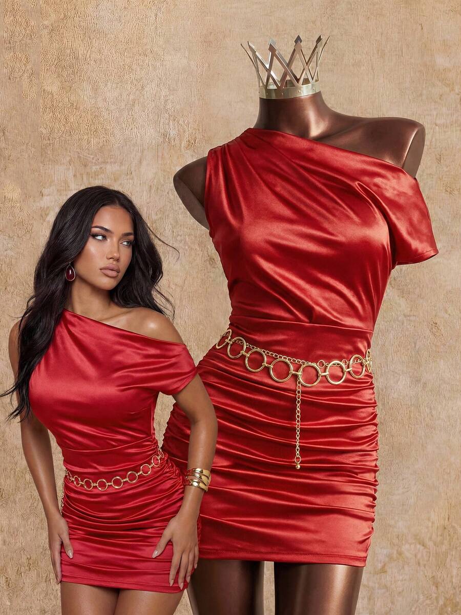 Elin Vora Vestido ceñido de satén con cuello asimétrico y fruncido para fiestas de Año Nuevo y ocasiones especiales - Rojo - Ver 1