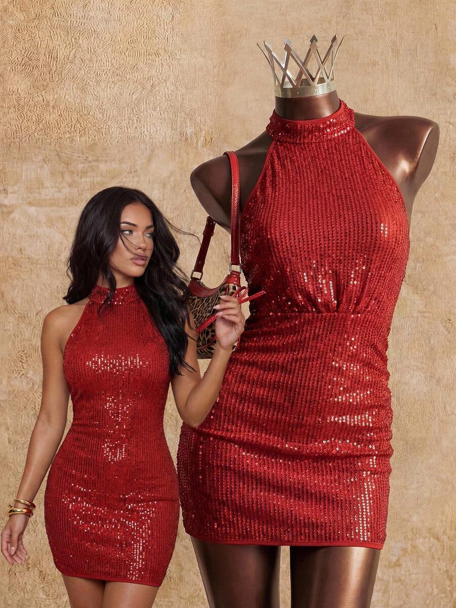 Elin Vora Vestido corto de fiesta sin mangas con lentejuelas para mujeres para fiestas de Año Nuevo y fiestas - Rojo - Ver 1