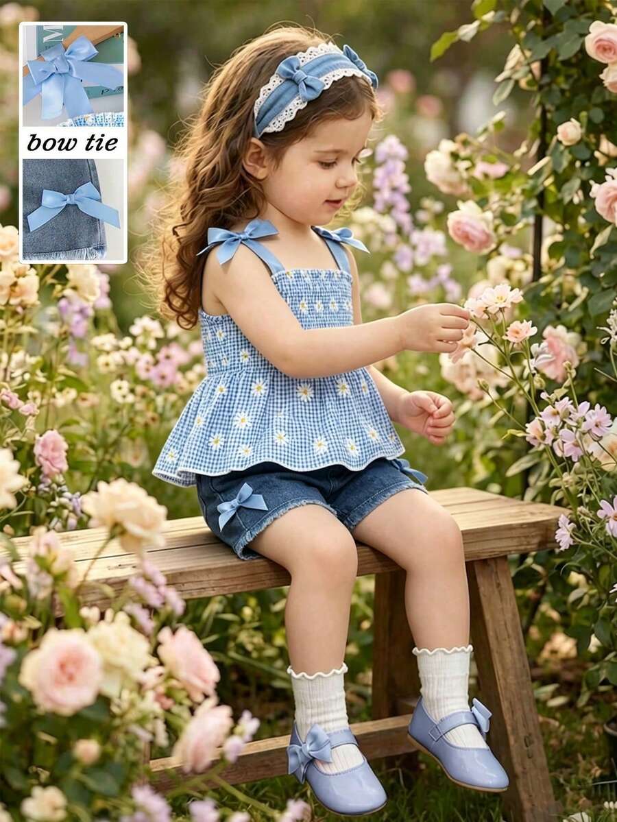 SHEIN Playful Pals 2件組少女夏季套裝,黃色花卉與藍色格紋細肩帶上衣搭配3D蝴蝶結裝飾與牛仔短褲,可愛休閒時尚服飾套裝,2026 - 藍色 - 查看 1