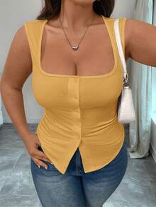 Elenzga Áo hai dây dệt kim cổ vuông màu trơn dáng suông cỡ lớn, áo tank top không tay xẻ tà, eo thon, phong cách mùa hè. - Màu vàng - Xem 6