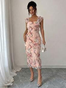 Elenzga Women's Elegant Romantic Mesh Printed Ruched Midi Dress, Suitable For Wedding Season, Party, Date, Casual Outing, Spring/Summer - Orange - View 5