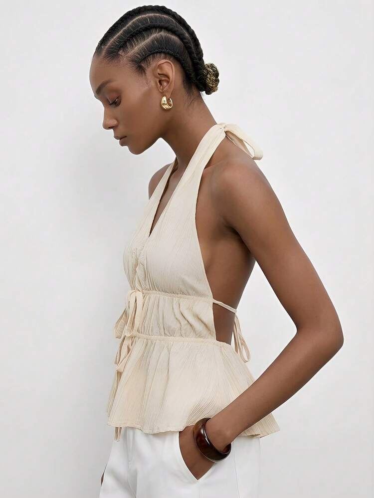 SHEIN Maija Top de Cami à volants avec attache au dos, style vacances, sans dos, col montant MAIJA