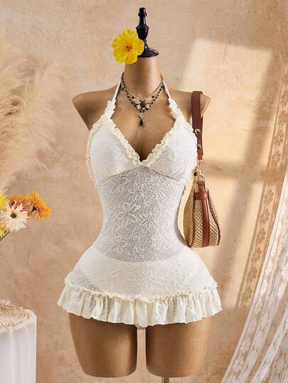 Bellisia Robe de maillot de bain avec bordure florale et bas de maillot triangle, beige, collection Printemps/Été 26SS