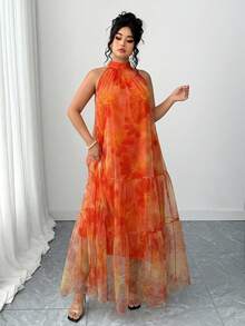 Vestido de mujer de talla grande elegante con tejido sin mangas de doble capa y malla con estampado floral - Naranja - Ver 6