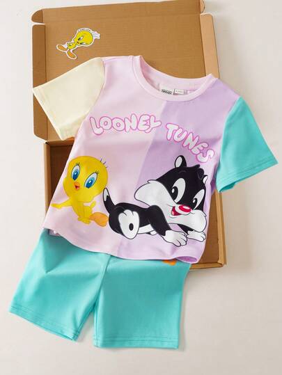 LOONEY TUNES X SHEIN Bộ áo thun ngắn tay cổ tròn phối màu tương phản dễ thương cho bé gái mùa hè
