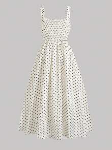 SHEIN Gaun Anak Perempuan Remaja Musim Panas Terbaru Motif Polkadot Leher Persegi Pinggang Model A-Line Panjang - Aprikot - View 2