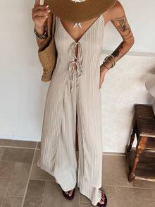 DAZY Chaleco largo sin mangas con escote en V estilo bohemio casual para mujer, color marrón, conjunto de ropa de estar en casa para primavera y verano - Marrón - Ver 3