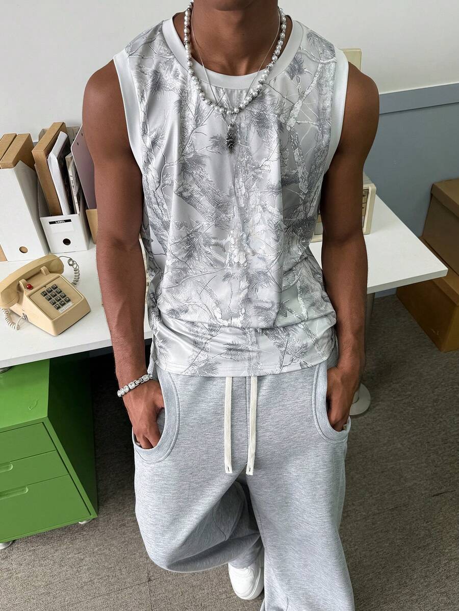 STEELVANCE Men's Casual Daily Branch Print Round Neck Tank Top, Summer - Grey - View 1