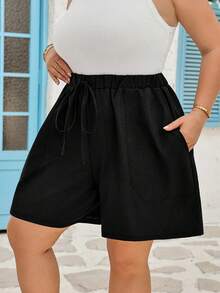 SHEIN CURVE+ Plus Size Black Comfortable Casual Shorts - Black - View 3
