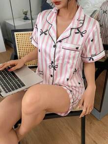 Napfluff 仿丝绸蝴蝶结印花翻领短袖短裤睡衣套装 - 彩色 - 查看 5