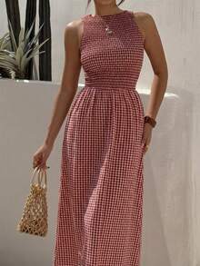 SHEIN EZwear Women's Pink Plaid,Summer,Tropical,Holiday,Vacation,Holiday Sleeveless Fitted Waist Red & White Plaid Dress, Date Beach Elegant Wedding Party - Red - View 5