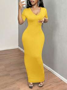 SHEIN SXY 女士纯色V领修身短袖连衣裙 Hoco连衣裙 - 黃色 - 查看 8