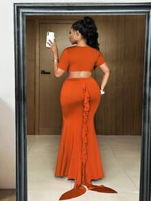 Maweii Plus Size Women Summer Sexy Solid Color Asymmetric Hem Top And Mini Skirt Set - Orange - View 2