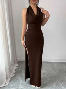 Selianne 3-In-1 Women's Long Dress, Sexy High Slit Hem, Draped Collar, Asymmetrical Shoulder, Suitable For Festivals, Beach Vacations, Tea Parties, Minimalist, Elegant, Black, Graduation Parties, Beach Outfits, Wedding Guest Attire, Ideal For Summer - Brown - View 3