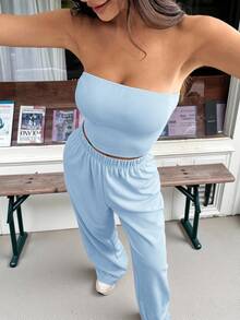 SHEIN EZwear 浅蓝色女士新款无肩带上衣和裤子套装 - 淺藍色 - 查看 3