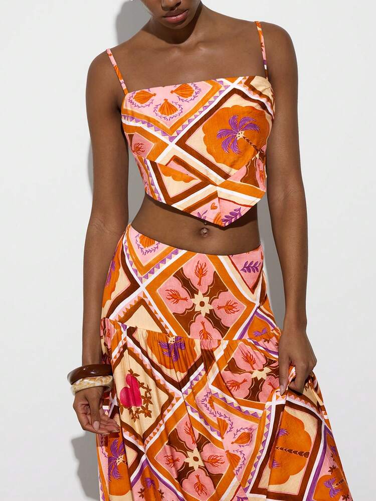 SHEIN Maija Conjunto de 2 piezas para mujer con top corto estampado con rombos a cuadros y estampado floral tropical, y falda con bajo alto y estampado floral