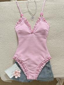 SHEIN Swim Mod 女童特制粉色蕾丝吊带连体泳衣 - 彩色 - 查看 4