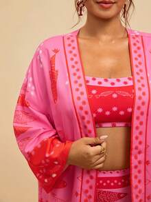 Travachic 加大码女式杏色海洋鱼印花雪纺和服罩衫，宽松中长袖浪漫早春沙滩保暖春季图案衬衫 - 玫紅色 - 查看 7