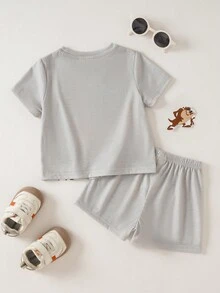 LOONEY TUNES X SHEIN Baby Boy Casual Outfit: Crew Neck Cartoon Letter Print Short Sleeve T-Shirt And Shorts Set - Multicolor - View 2