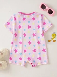LOONEY TUNES X SHEIN Baby Girls Cartoon Print Round Neck Short Sleeve Romper, X - Pink - View 3