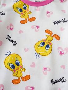 LOONEY TUNES X SHEIN Baby Girls Cartoon Print Round Neck Short Sleeve Romper - White - View 6