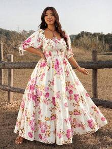 Ceyna Đầm chữ A tay lửng cổ vuông in hoa thắt eo dành cho nữ cỡ lớn, mẫu mới mùa xuân/hè. - Nhiều màu - Xem 6
