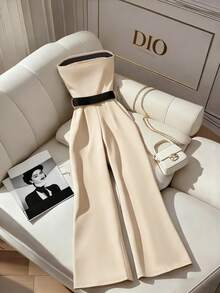 Franclia Bộ jumpsuit nữ không dây vai, phối màu tương phản, khóa kim loại ở eo, ống rộng, kiểu dáng thanh lịch, sang trọng. - Màu be - Xem 2