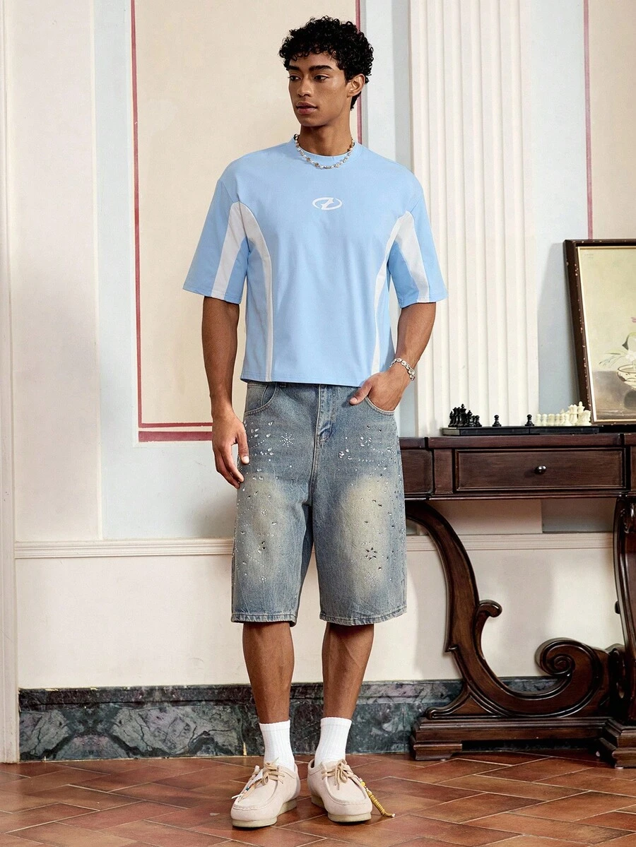 SWAVVY Camiseta de manga corta de punto holgada de estilo patchwork para jóvenes, de verano, ideal para usar en la calle - Celeste - Ver 1