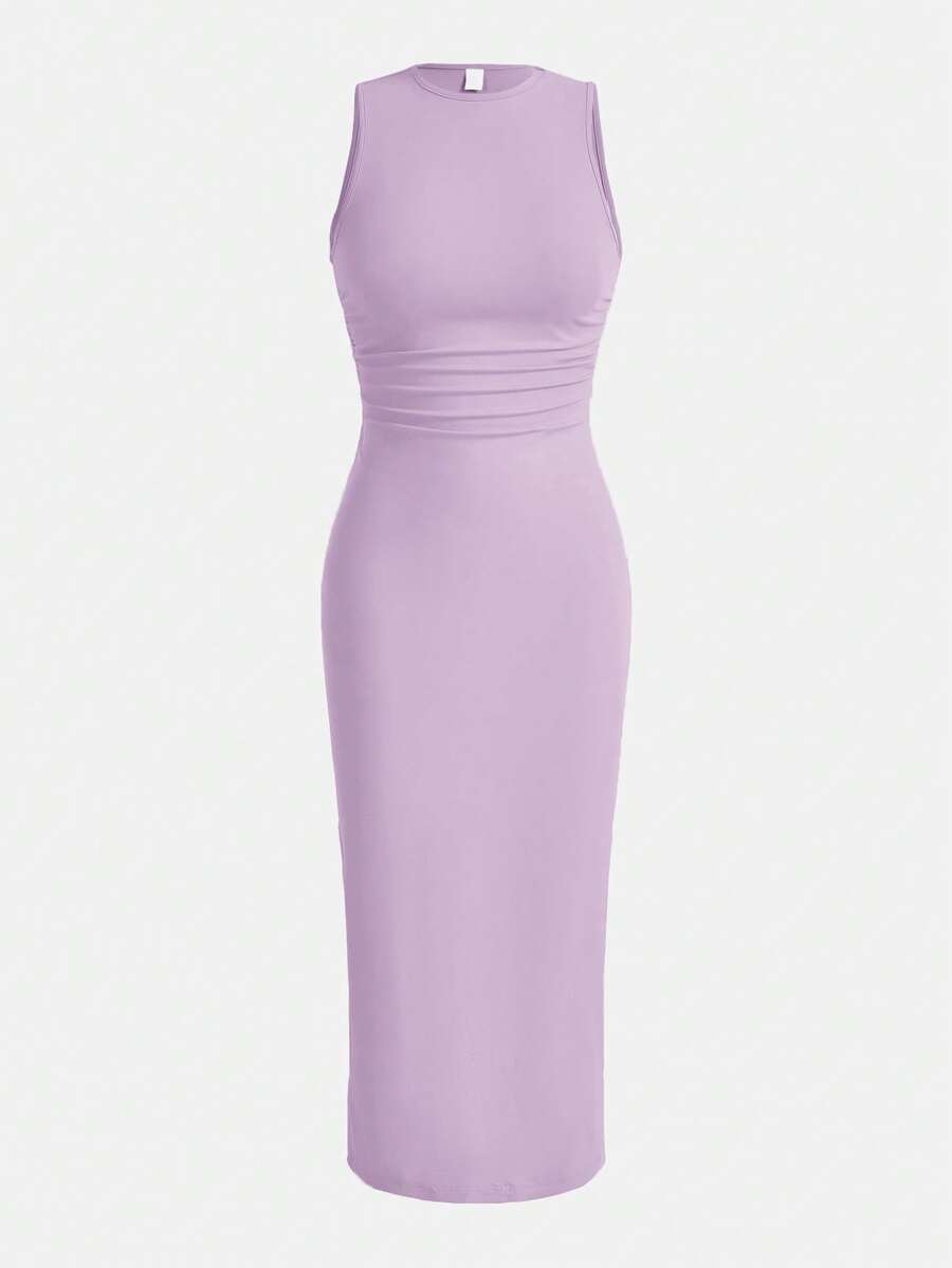 SHEIN EZwear Summer Solid Ruched Waist Dress, Lilac,Summer Dresses For Women - Lilac Purple - View 1