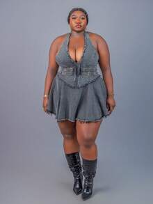 Y2K Frayed Washed Distressed Color Cold Shoulder Ruffle Hem Plus Size Women Mini Denim Dress - Grey - View 5