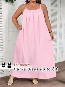SHEIN CURVE+ 大码曲线/秋季服装/女士秋季服装/女士冬季服装/冬季服装大码纯色褶皱细节休闲吊带连衣裙，适合生日派对、毕业典礼、学生装、日常休闲、度假等场合。 - 粉色 - 查看 3