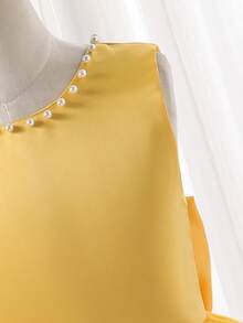SHEIN Glamorique Kids 少女黃色無袖珍珠蝴蝶結網紗疊層洋裝，適合晚宴、生日、生日派對、表演、夏季婚禮，可愛風格 - 黃色 - 查看 3