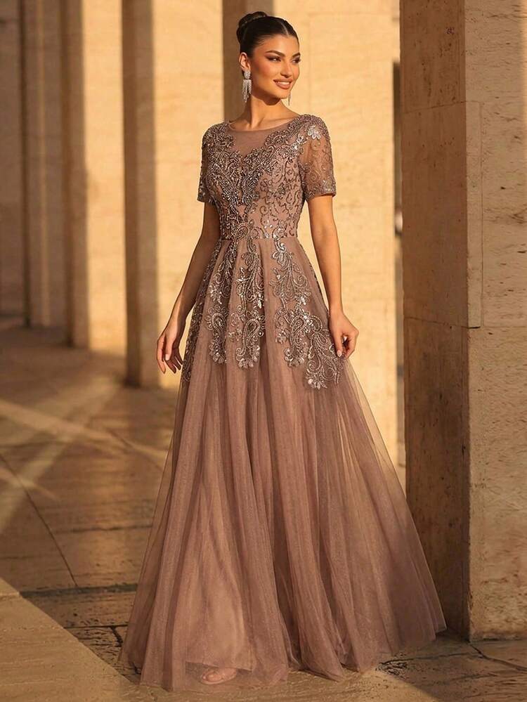 Serin Elegante y lujoso vestido con mangas transparentes de encaje bordado con perlas y lentejuelas, adecuado para bodas, fiestas, vacaciones, novia, madre de la novia, vestido de noche - Neblina azul - Añade 7