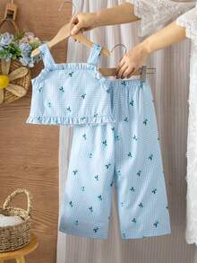 SHEIN Playful Pals 2026春夏新款女童可爱柠檬印花荷叶边吊带上衣和裤子两件套，面料柔软，时尚度假/旅行必备，夏季休闲装 - 藍色 - 查看 3