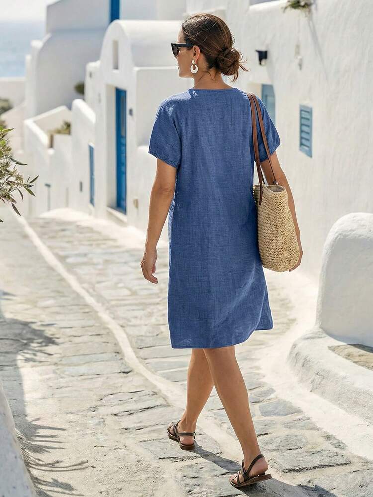 Women's Fashion Versatile Single-Breasted Short Sleeve Dress, Suitable For Vacation Summer Dress Summer Outfits For Women Casual Dresses For Women Blue Dresses For Women