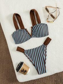 Swim Vcay Women's Beach Music Festival Spring/Summer Knit Jacquard Stripe Cute V-Neck Steel Underwire Thick Shoulder Strap High Cut Pants Sexy Bikini Set - Multicolor - View 6