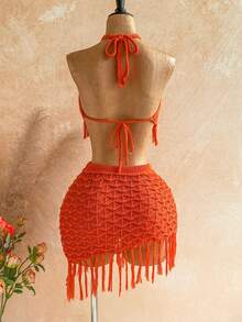 Soleia Ensemble pull et mini-jupe femme de couleur unie avec décorations à franges sur le Top à col ras-du-cou - Orange - Voir 2