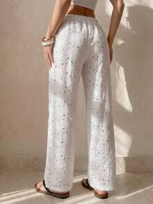 SHEIN ICON White Flower Summer Boho Vacation Holiday Women Elegant Formal Loose Flare Leg Fashionable Business Casual Streetwear Retro Pants Beach - White - View 5