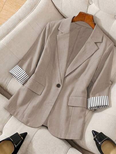 EMERY ROSE Áo khoác blazer nữ cỡ lớn mùa xuân/thu kiểu dáng thường ngày/công sở kẻ sọc cổ ve lật
