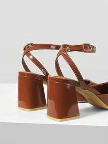 Mnmlis Giày sandal cao gót đế thô, giày da nữ mùa hè, khóa cài một chữ, giày cao gót kiểu Pháp đa năng, giày nữ đế bằng, giày đơn. - màu nâu - Xem 4