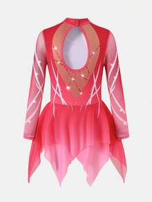 SHEIN 女童皇家红长袖花样滑冰服，水晶印花设计，高弹修身剪裁，搭配光滑透明网纱裙摆，专为滑冰练习、团体比赛和训练中的流畅性和闪亮效果而设计。 - 紅色 - 查看 2